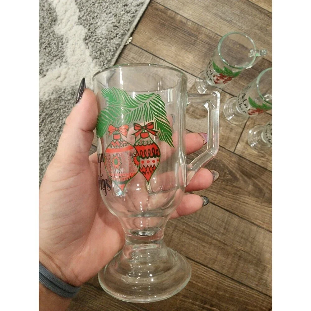 Vintage Indiana Glass Clear Christmas Holiday Greetings Pedestal Mugs Set Of 4